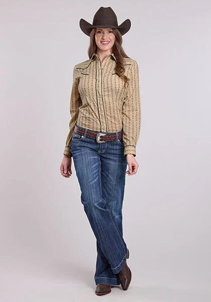 Camisa vaquera de mujer Roper 2661 con estampado floral (color camel)