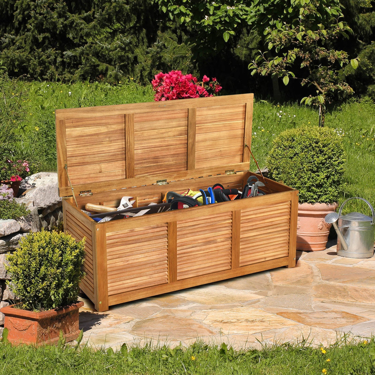 Caja banco de almacenamiento de madera de acacia de 46 galones para patio o jardín