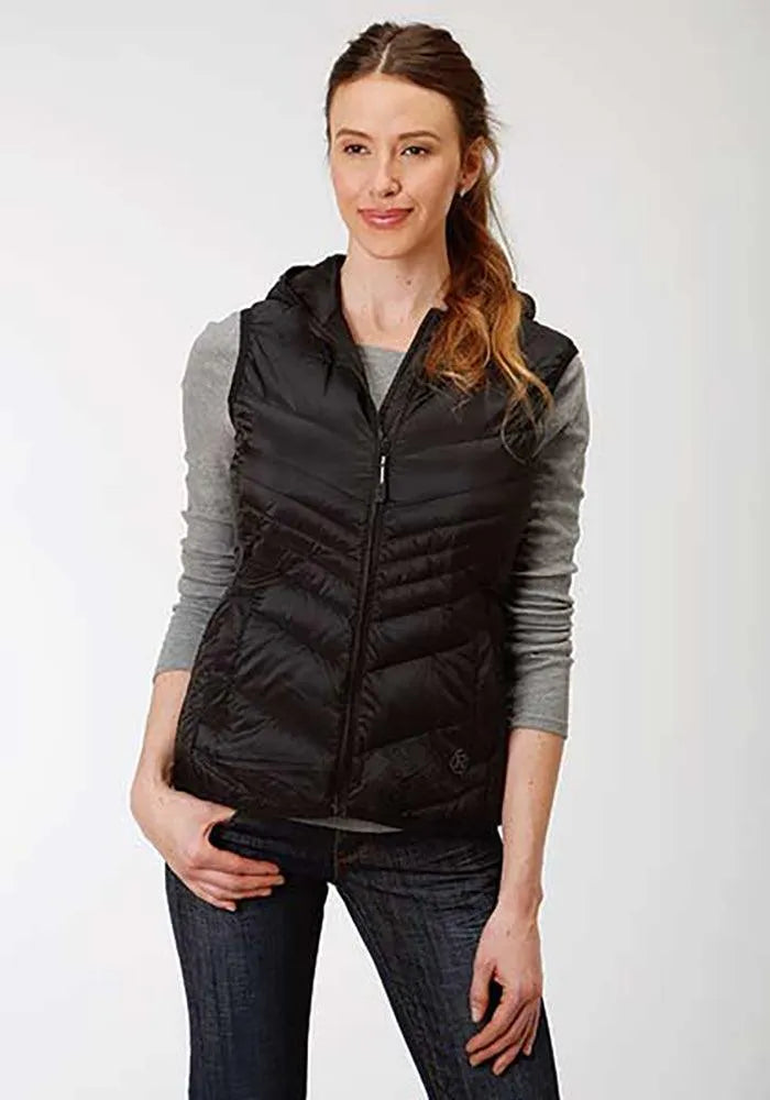 Chaleco de plumón acolchado con capucha Roper Chevron (Negro) - Chaleco de mujer