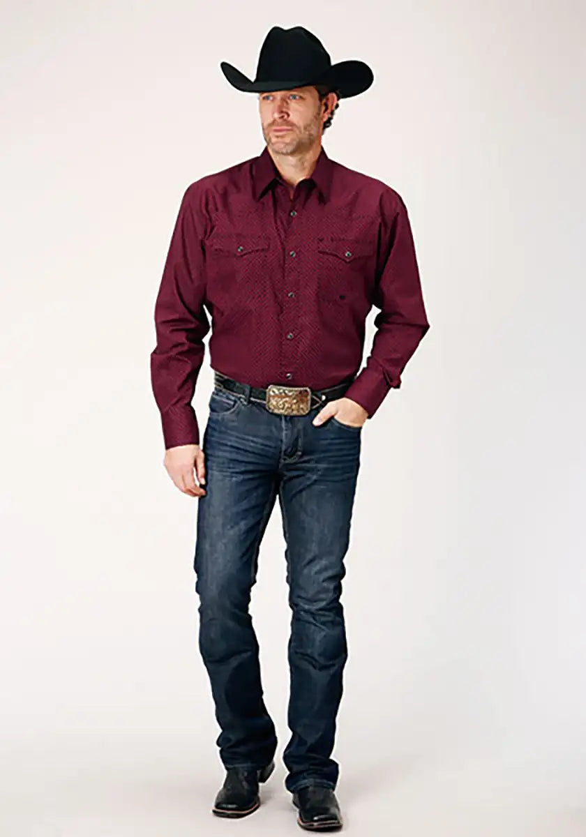 Camisa vaquera para hombre Roper Black Canyon Four Leaf Foulard (Roja)
