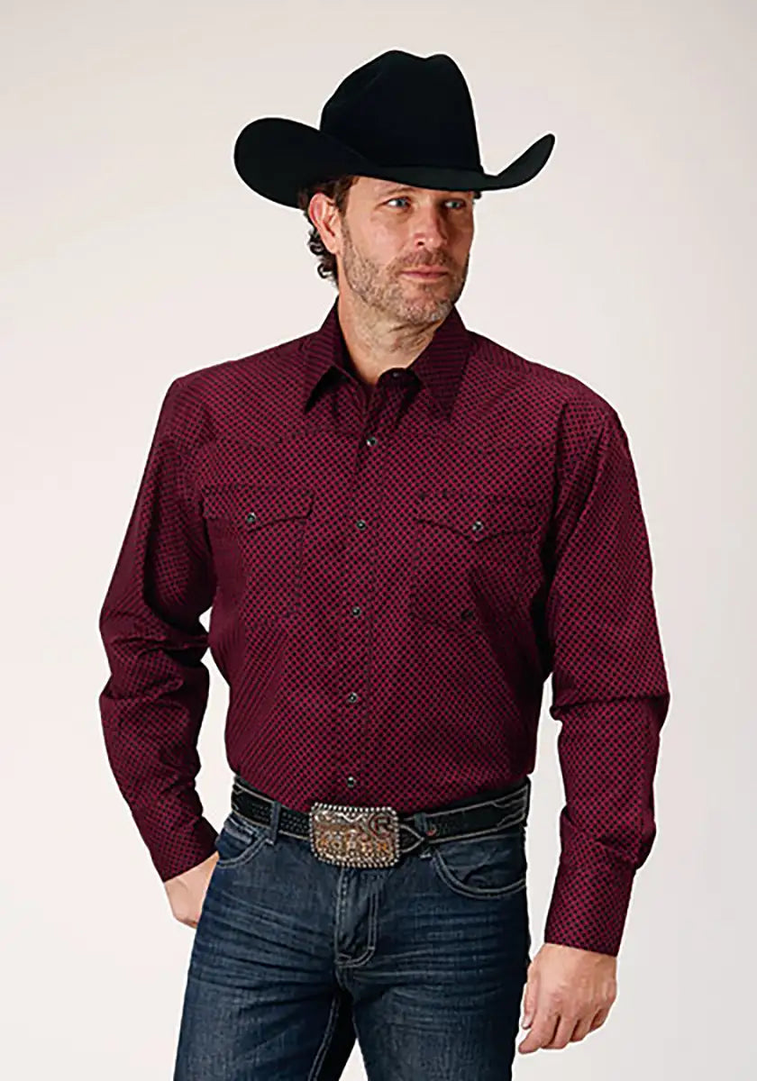 Camisa vaquera para hombre Roper Black Canyon Four Leaf Foulard (Roja)