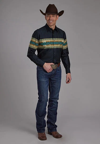 Roper 2120 Borde Azteca (Azul Marino) - Camisa Vaquera de Hombre