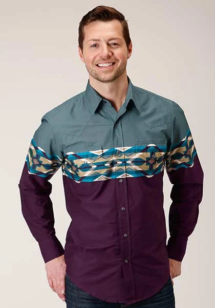 Camisa Vaquera Roper 1412 con Borde de Azulejos Aztecas (Vino) - Para Hombre