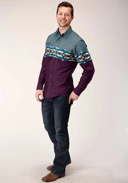 Camisa Vaquera Roper 1412 con Borde de Azulejos Aztecas (Vino) - Para Hombre