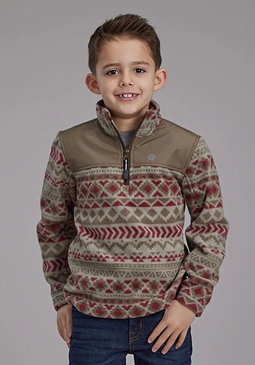 Chaqueta infantil de microfibra con estampado azteca Roper Boy's (verde oliva/rojo)