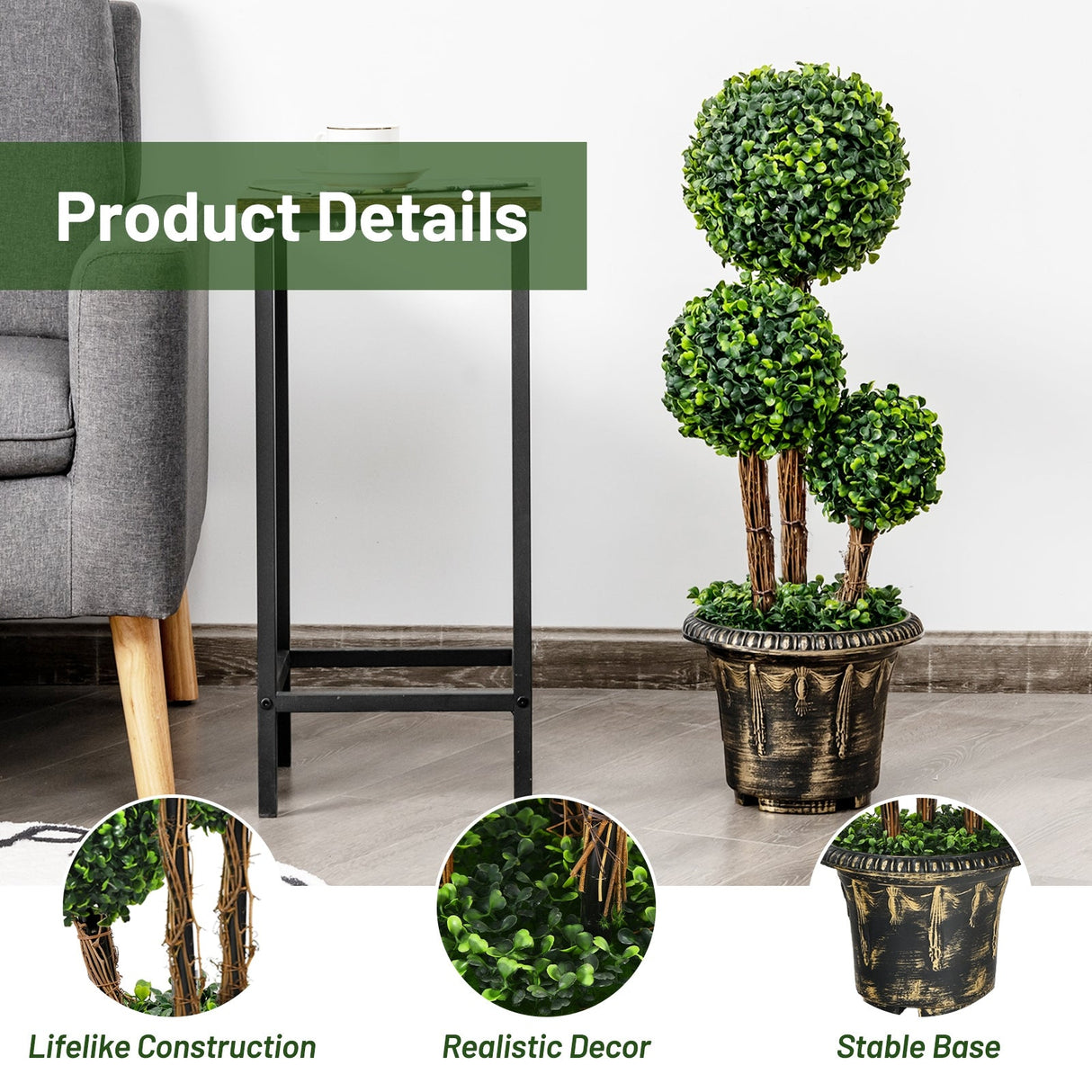 Árbol topiario artificial de bola triple de 30 pulgadas para interior y exterior con protección UV