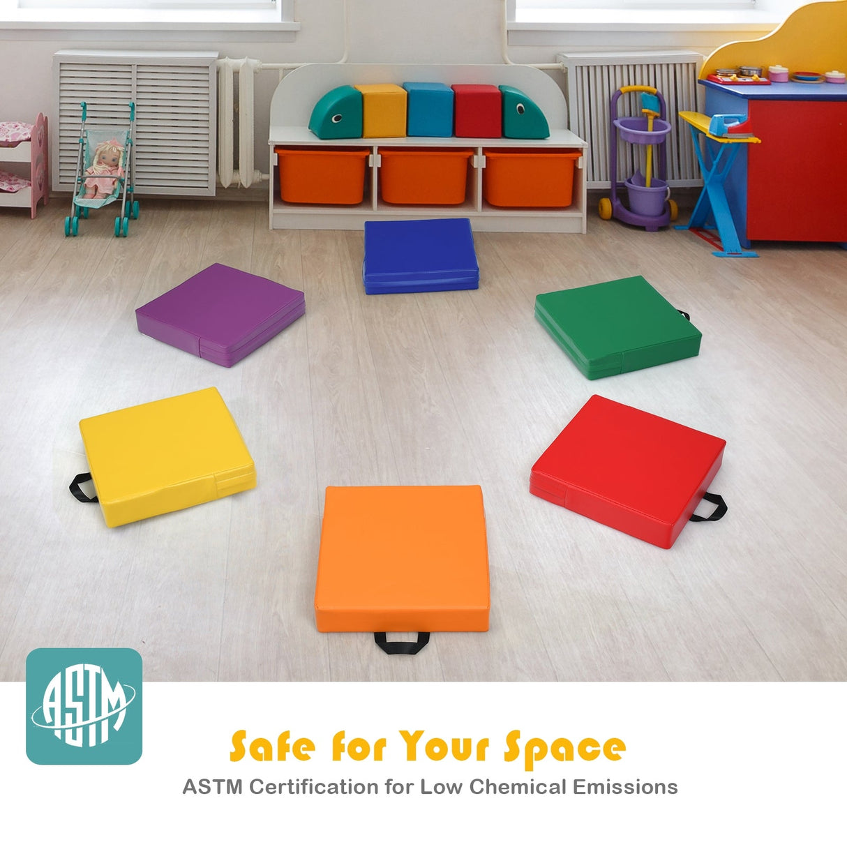 6 cojines de suelo cuadrados para niños pequeños de 15 pulgadas, asientos de espuma suave y flexible con asas