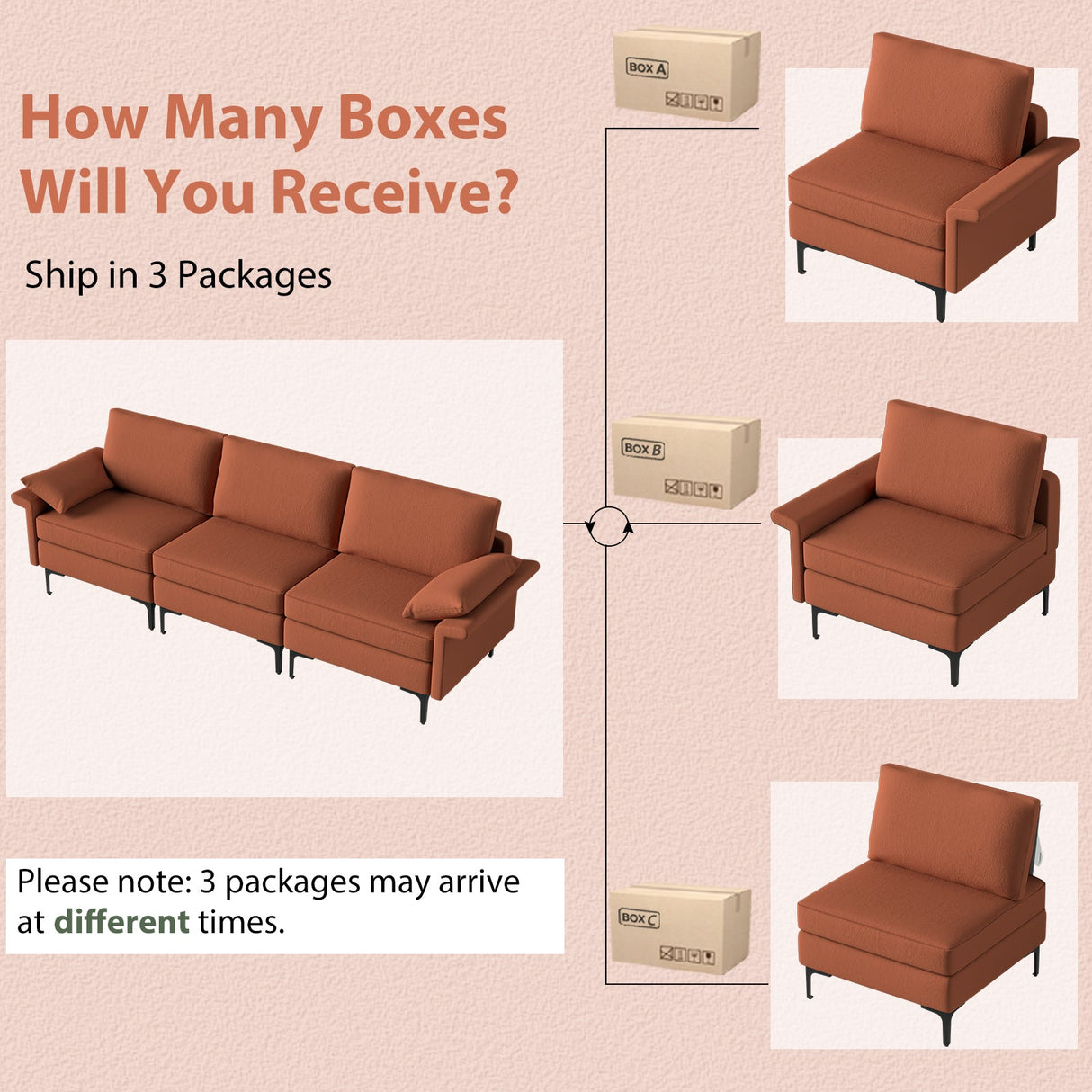 Seccional de sofá grande de 3 plazas con patas de metal y 2 puertos USB para 3-4 personas