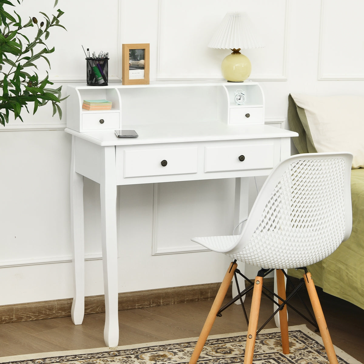 Escritorio de estudio de 2 niveles Escritorio de tocador Escritorio de ordenador con 4 cajones