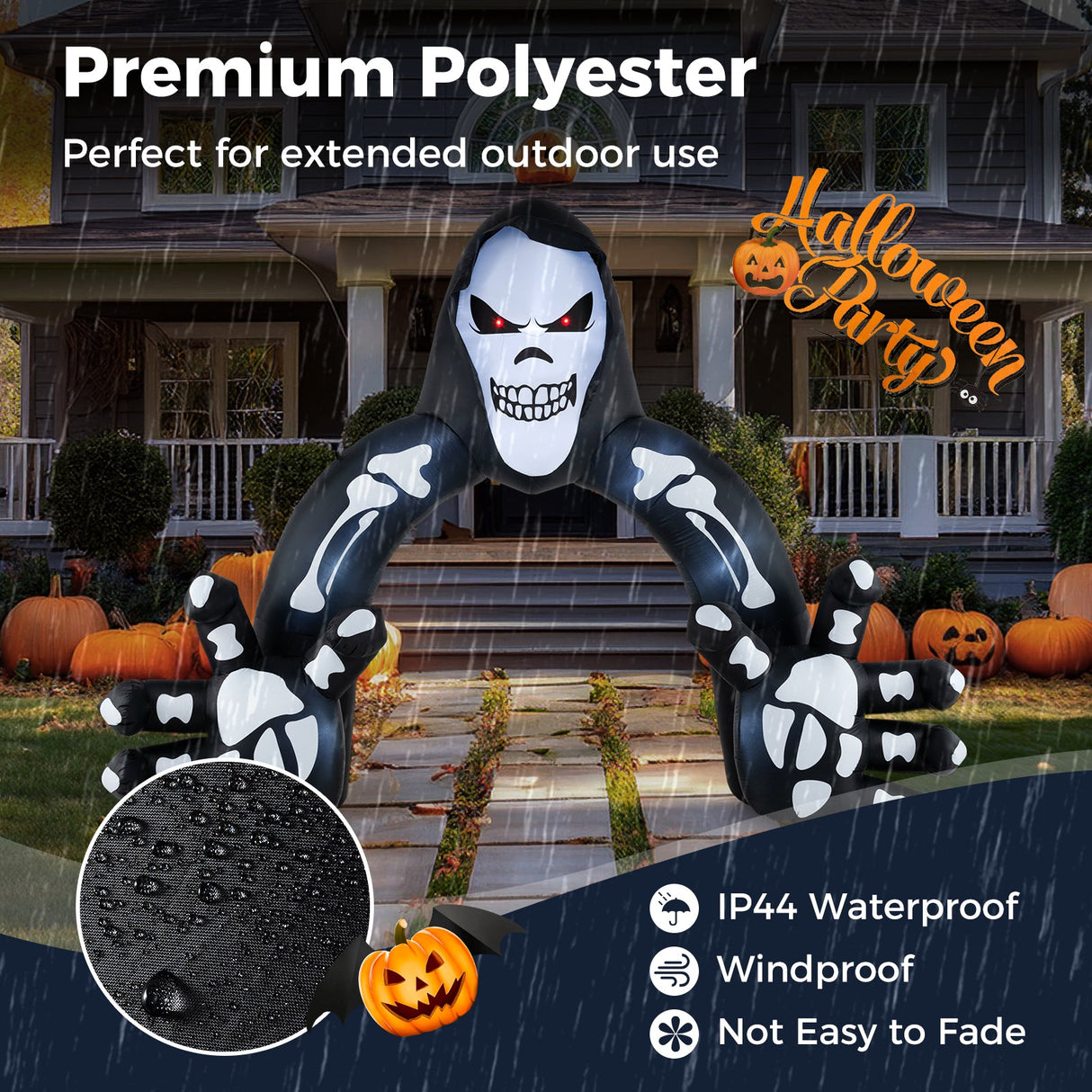 Arco hinchable de la Parca de Halloween con estacas y bolsas de agua