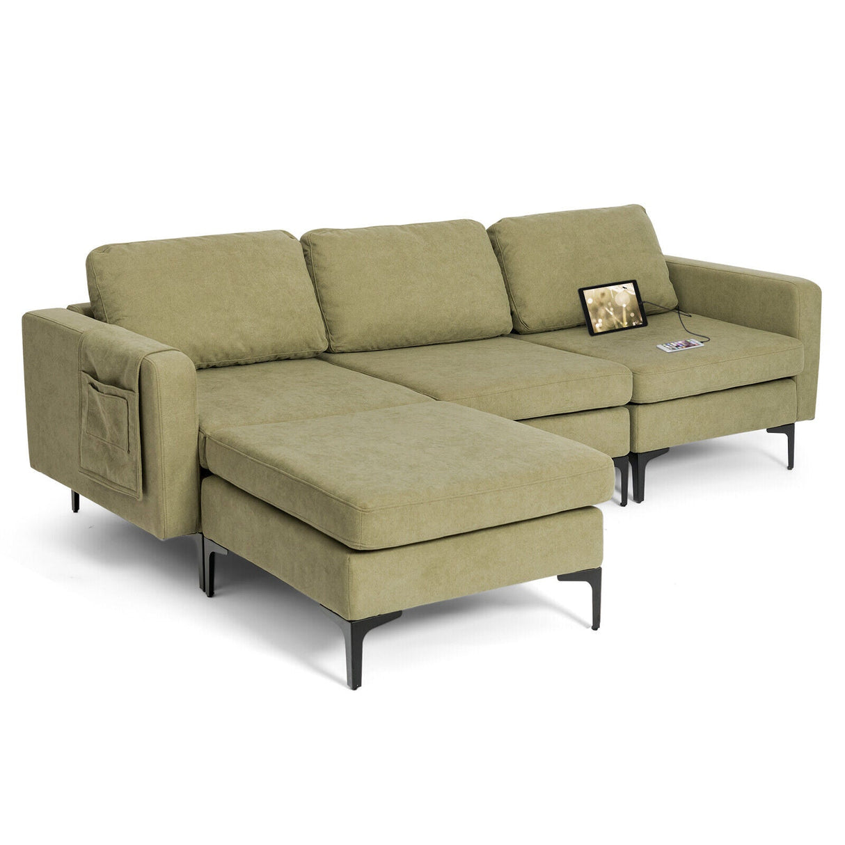 Sofá modular seccional en forma de L de 3 asientos con chaise reversible y 2 puertos USB - Verde