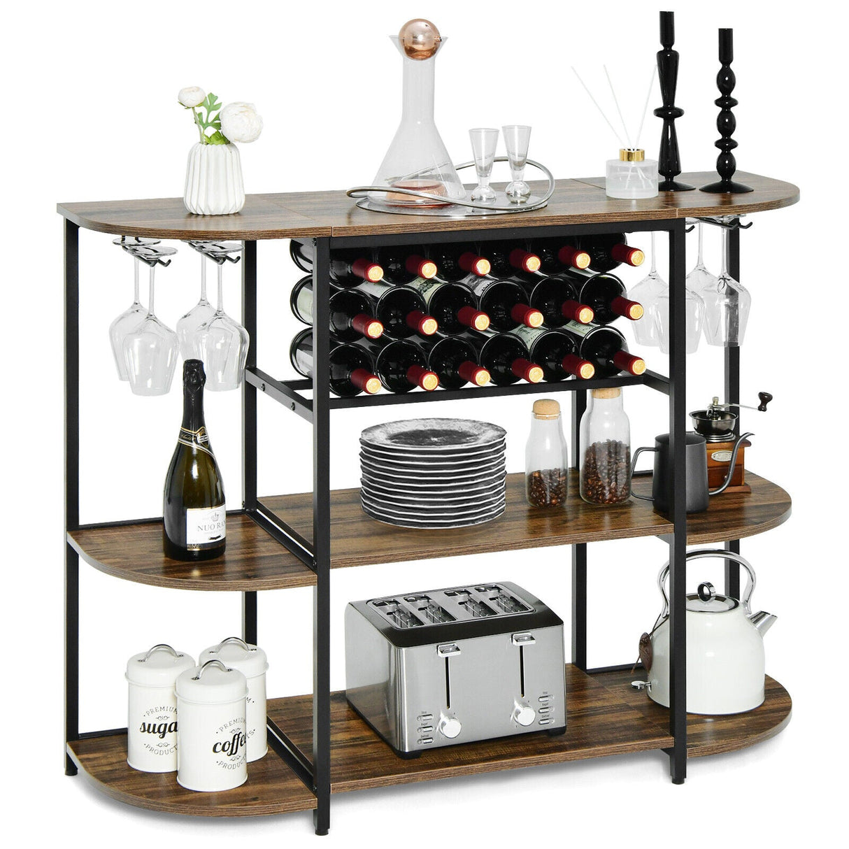 Estante para vinos de 47 pulgadas con portavasos y estantes de almacenamiento