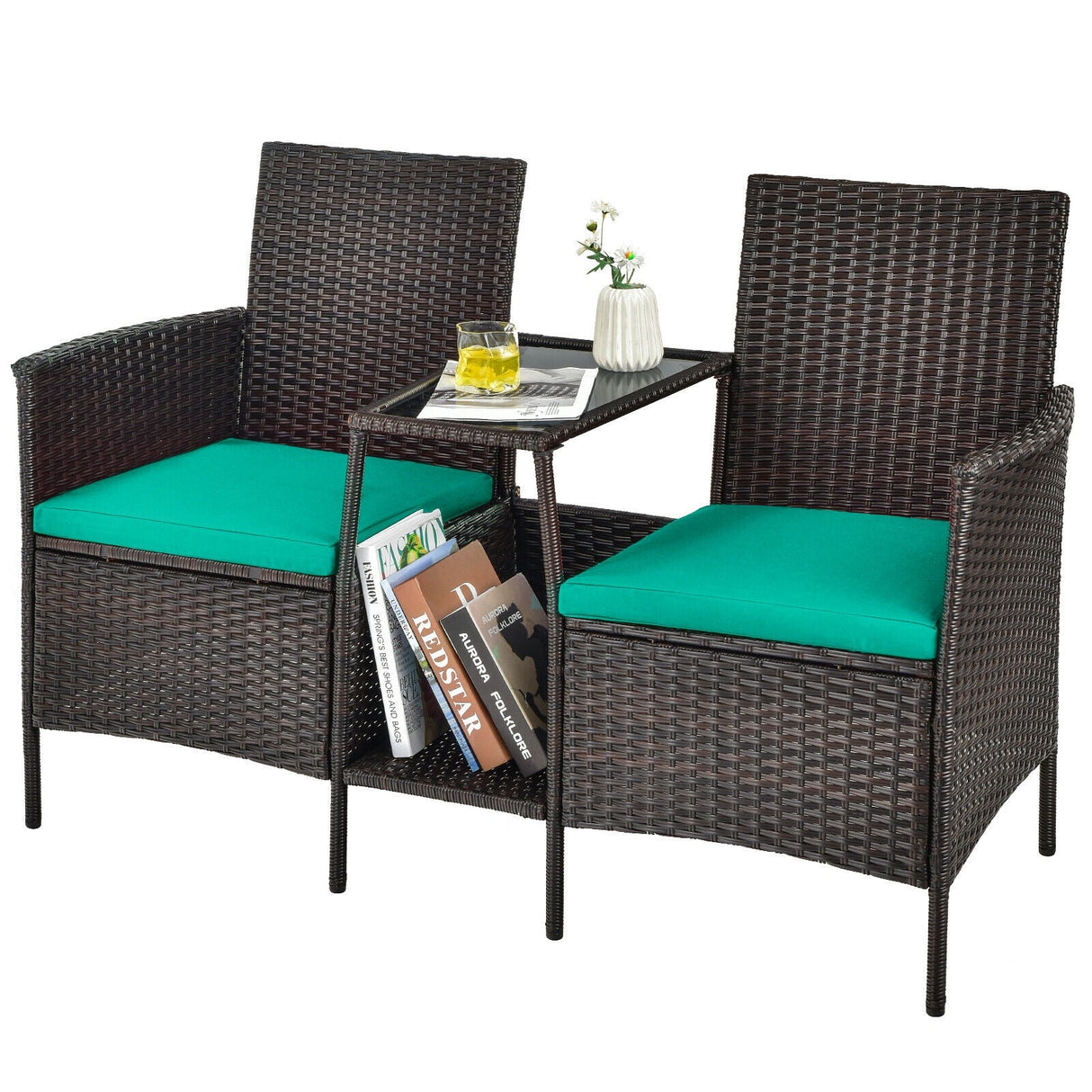 Sofá de mimbre de ratán para patio con cojines, sofá de dos plazas y mesa de vidrio