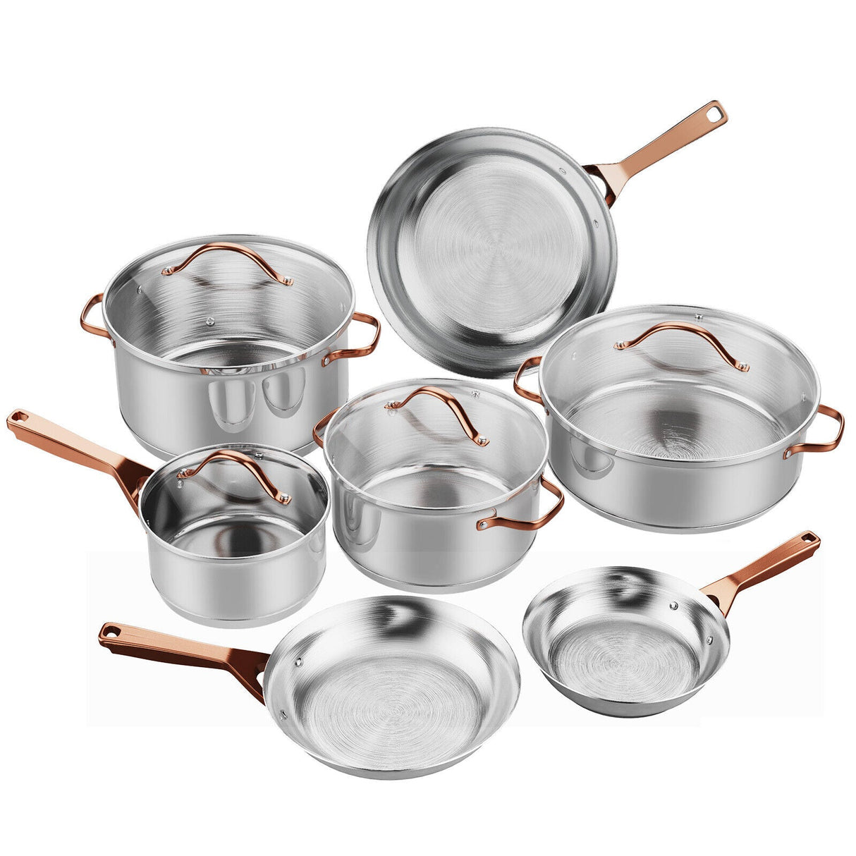 Juego de utensilios de cocina de acero inoxidable de 11 piezas con asas doradas que no se calientan