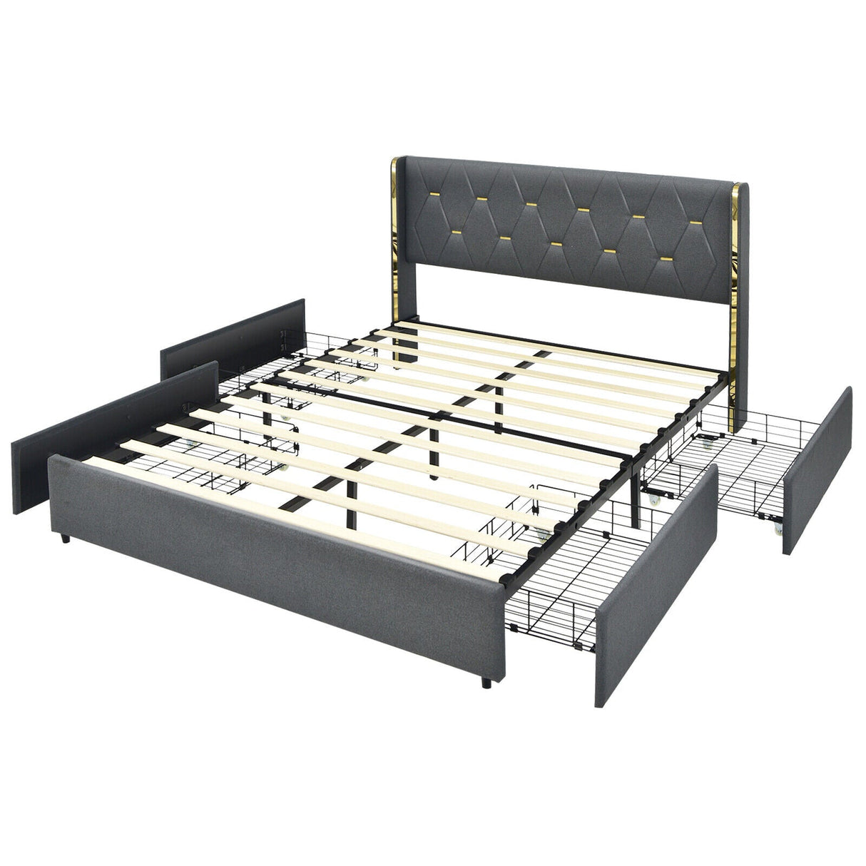 Base de cama tapizada tamaño matrimonial/queen con 4 cajones de almacenamiento