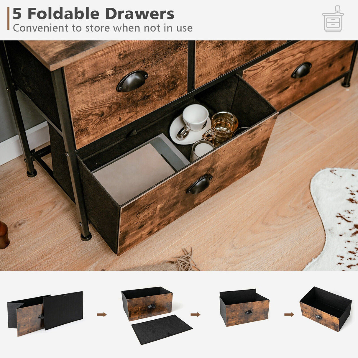 Organizador de Cómoda con 5 Cajones y Tapa de Madera-Marrón Rústico
