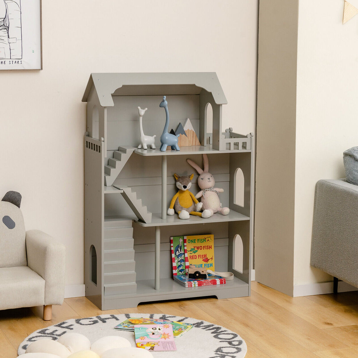 Estantería de madera para casa de muñecas para niños con diseño antivuelco y espacio de almacenamiento