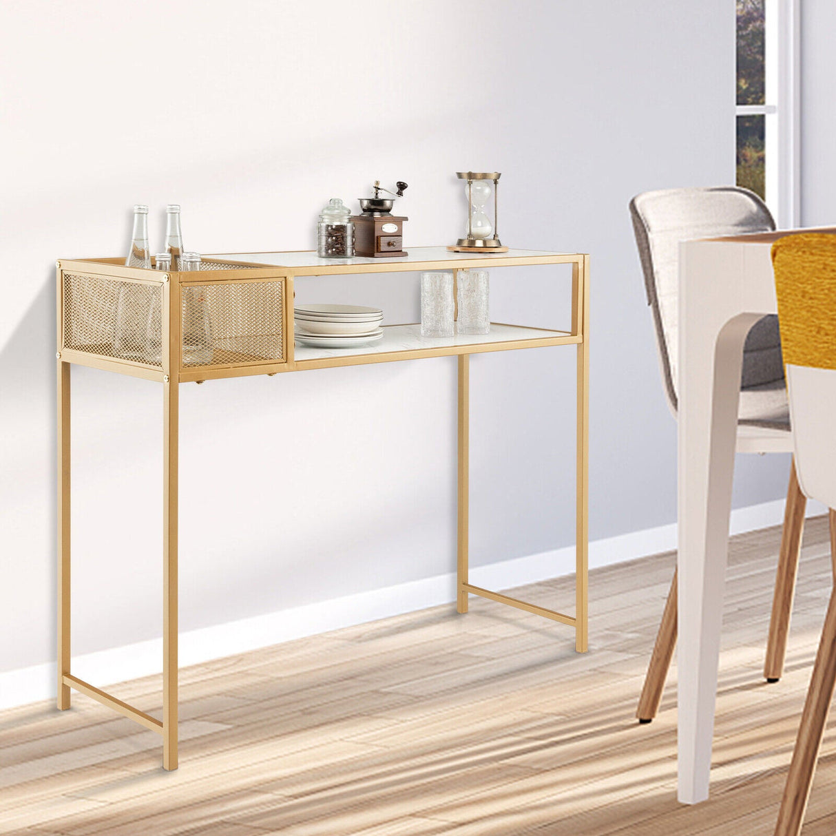Mesa consola de imitación mármol con cestas de rejilla para recibidor y salón - Blanco