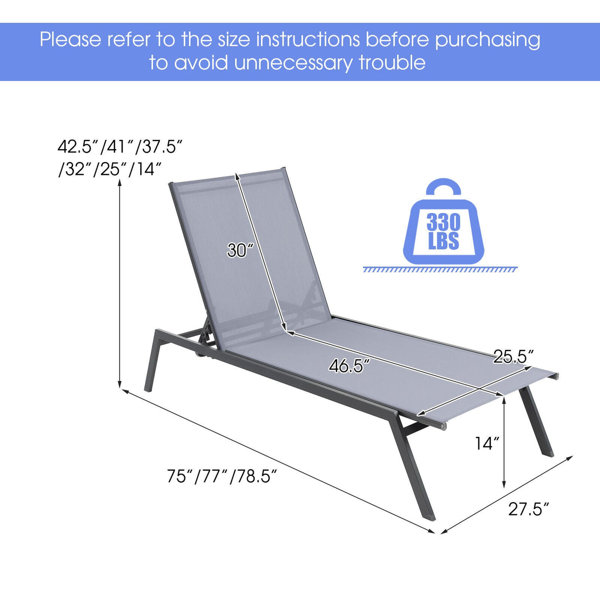 Tumbona reclinable ajustable para exterior con posición horizontal y tela de secado rápido
