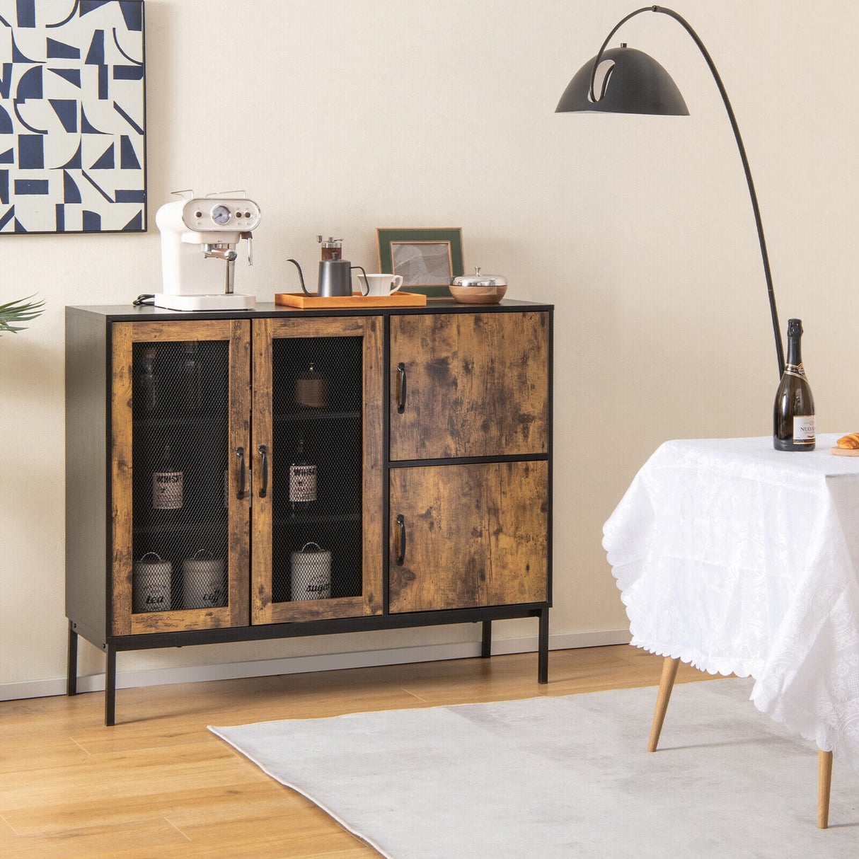 Aparador de cocina industrial de 48 pulgadas con puertas de malla metálica y dispositivo antivuelco - Marrón