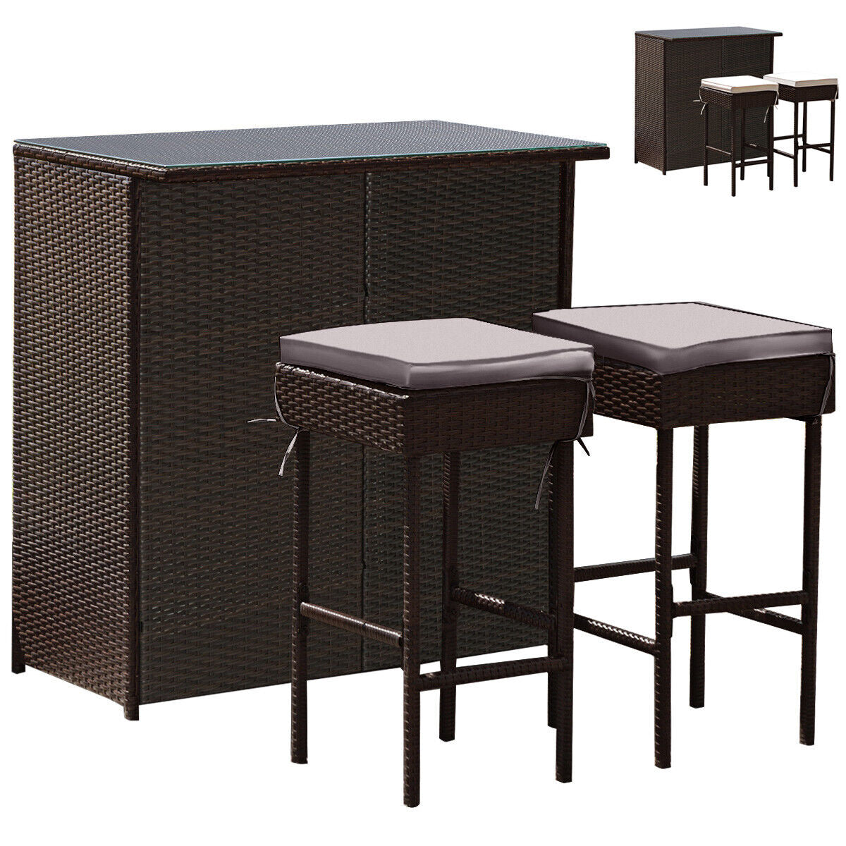 Juego de comedor de 3 piezas para patio de mimbre de ratán con mesa y taburetes - Turquesa