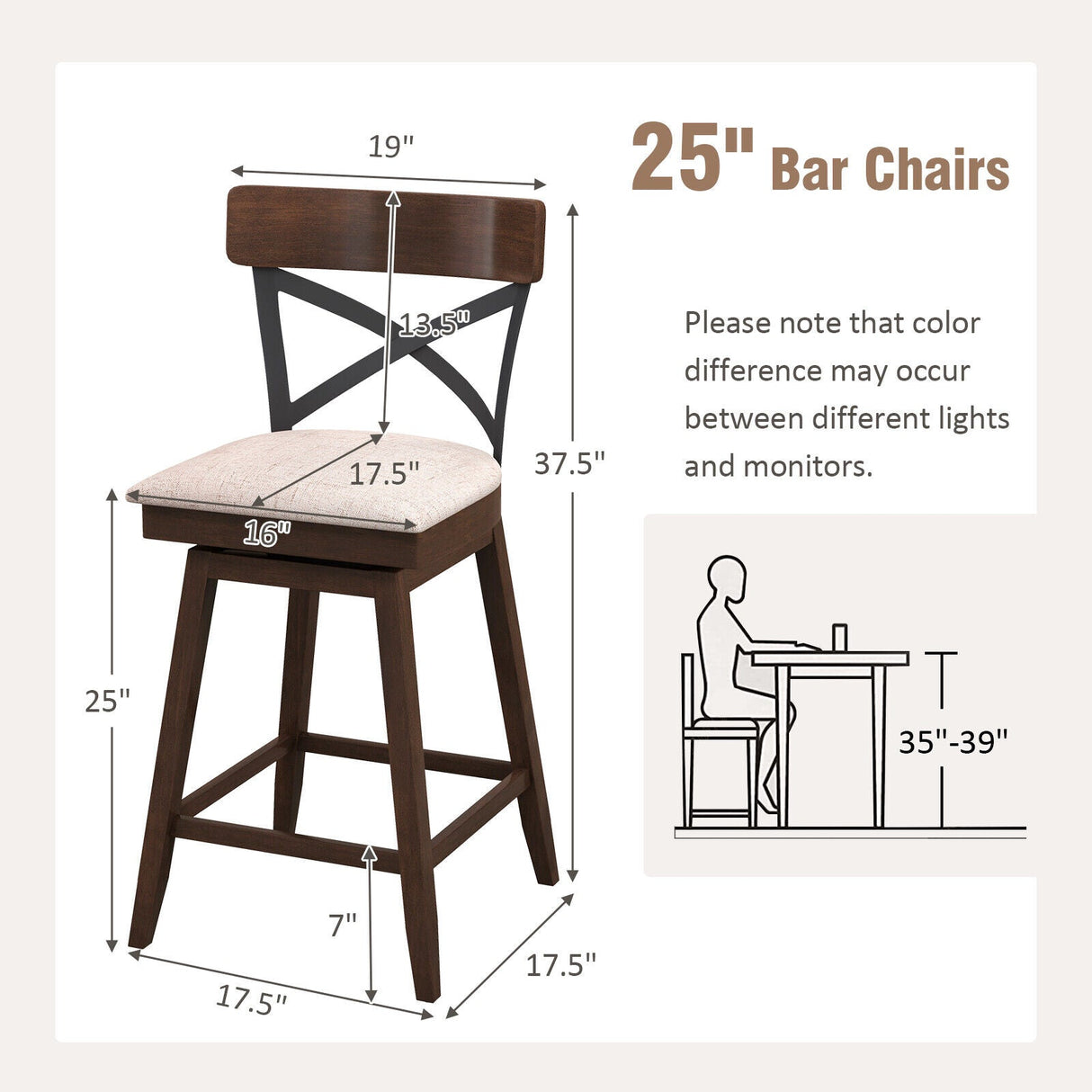 Juego de 2 taburetes de bar giratorios de madera con asiento acolchado y respaldo en X abierto