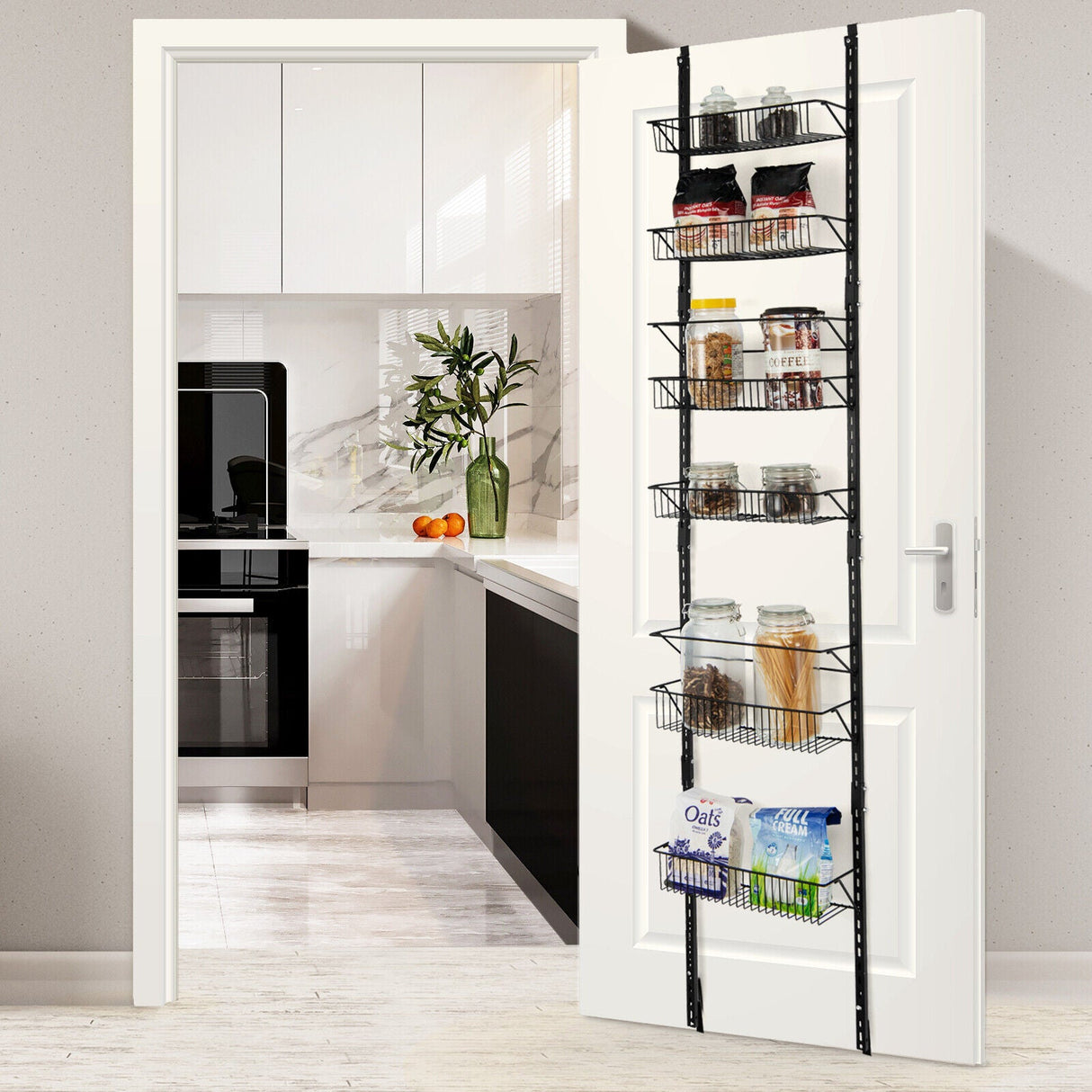 Estante organizador de despensa para colgar en la puerta con gancho ajustable y 6 cestas