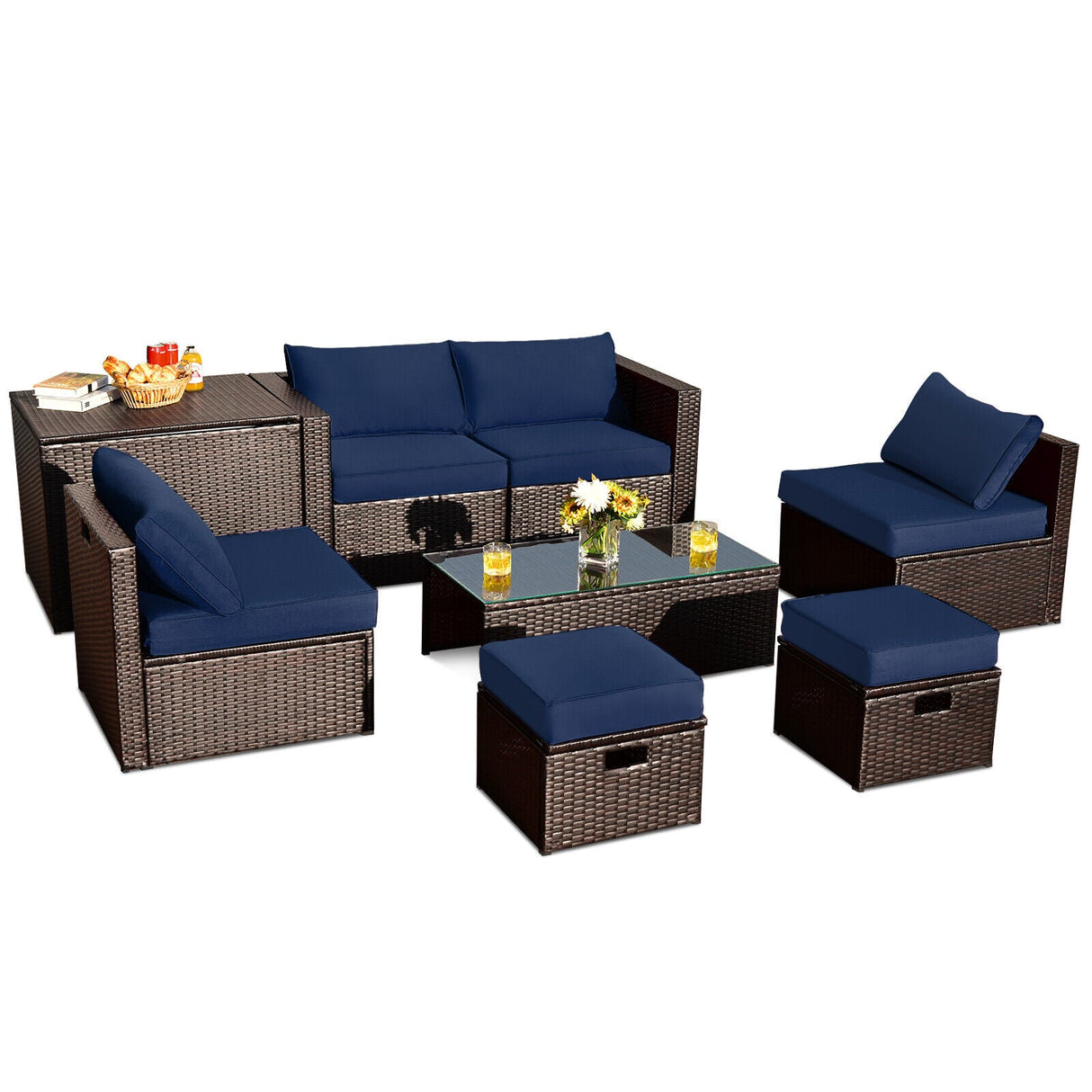 Juego de muebles de ratán de 8 piezas que ahorra espacio para patio con caja de almacenamiento y cubierta impermeable - Gris