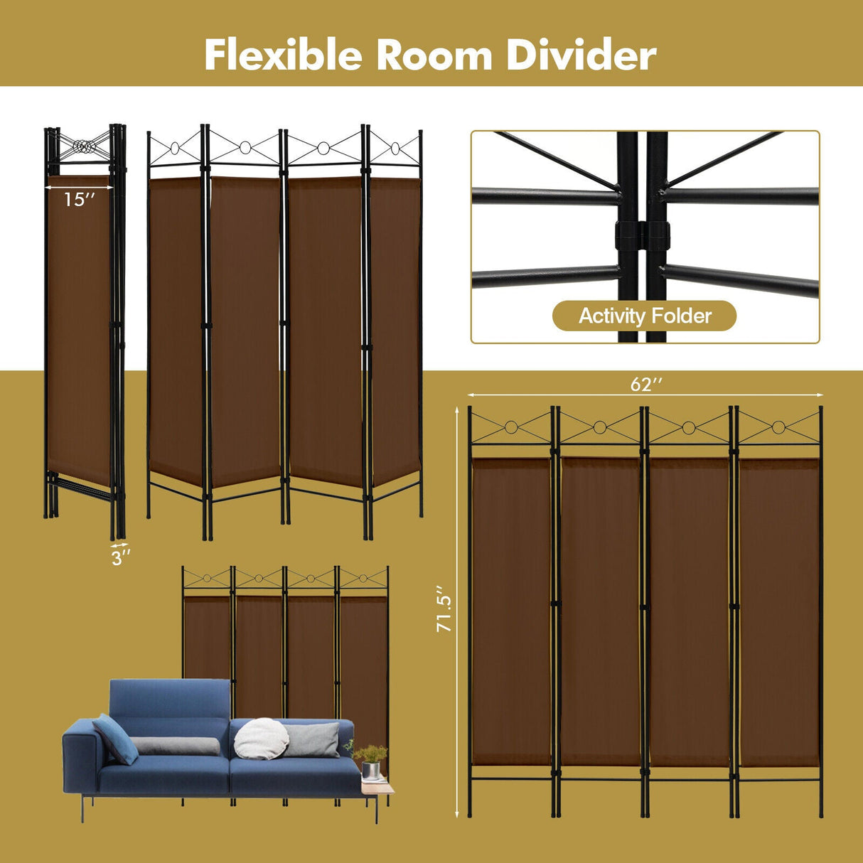 Divisor de habitación plegable independiente de 6 pies con 4 paneles