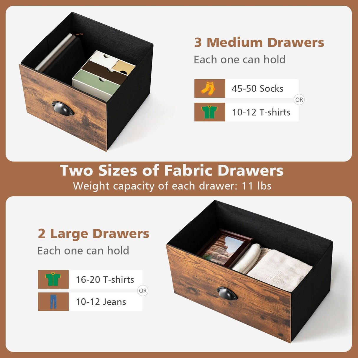 Organizador de Cómoda con 5 Cajones y Tapa de Madera-Marrón Rústico