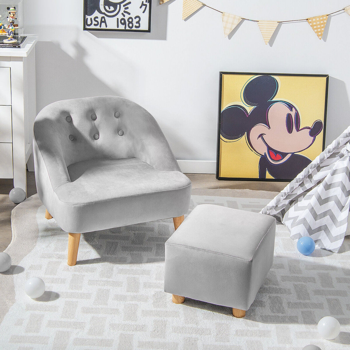 Sillón Sofá Infantil Tapizado en Terciopelo Suave con Otomana