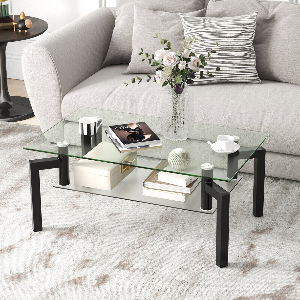 Mesa de centro rectangular de cristal de 2 niveles con patas de tubo de metal - Negro