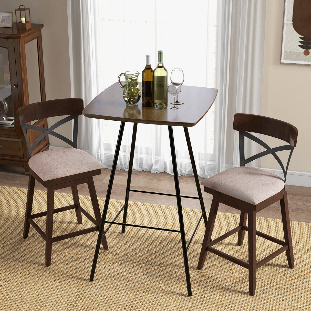 Juego de 2 taburetes de bar giratorios de madera con asiento acolchado y respaldo en X abierto