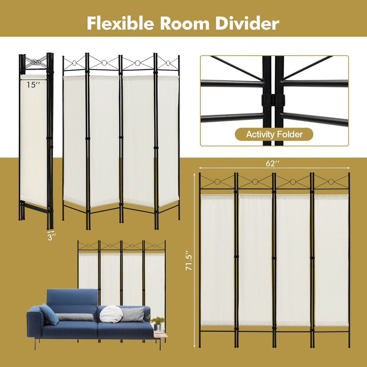 Divisor de habitación plegable independiente de 6 pies con 4 paneles