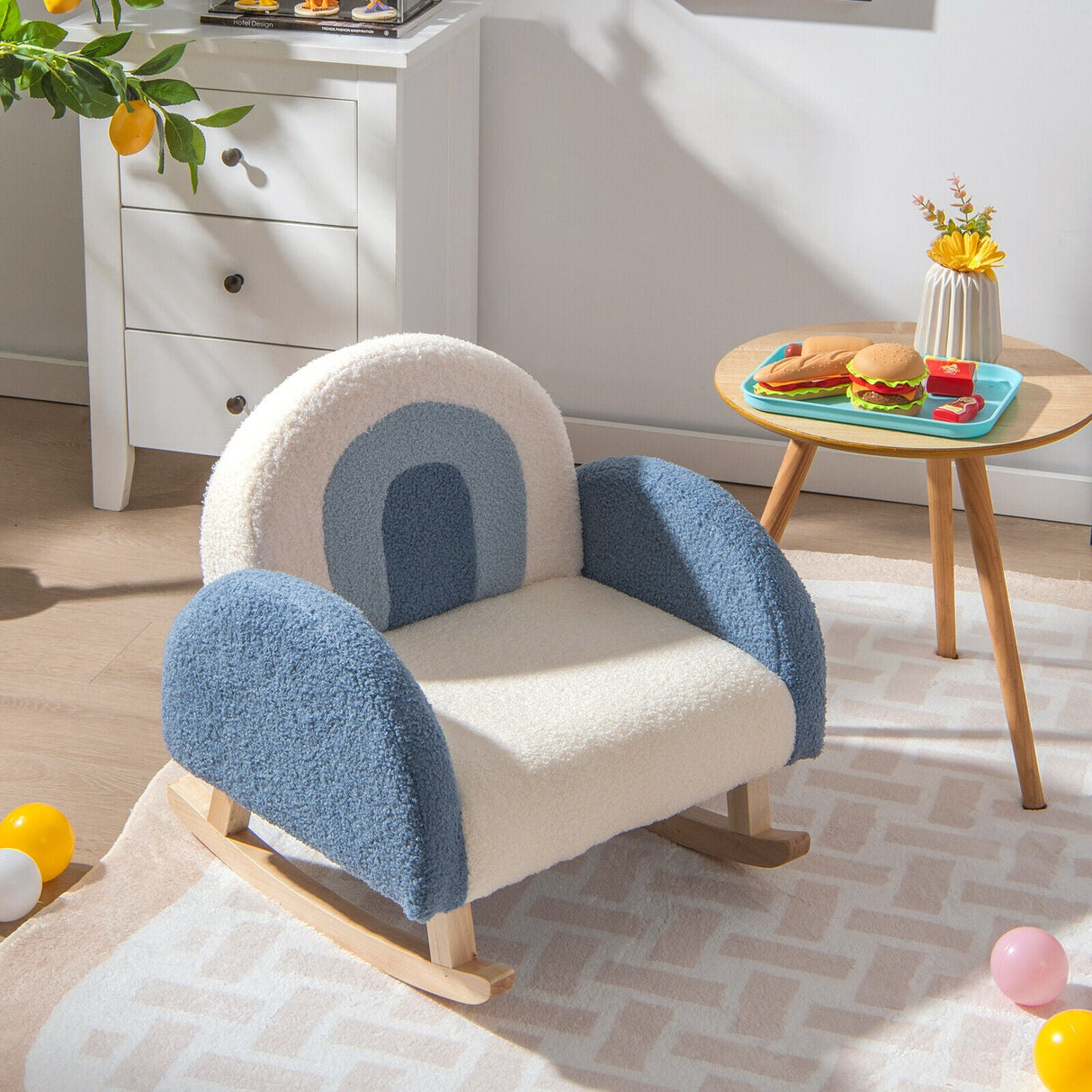 Mecedora para niños Sofá tapizado de terciopelo para niños con patas de madera maciza
