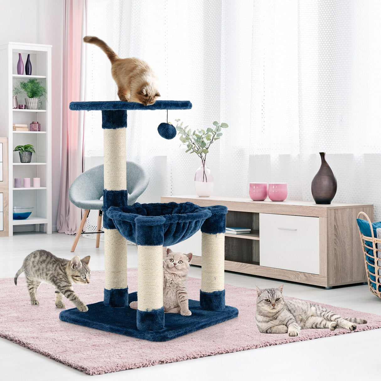 Árbol rascador multinivel con postes rascadores y hamaca para gatos
