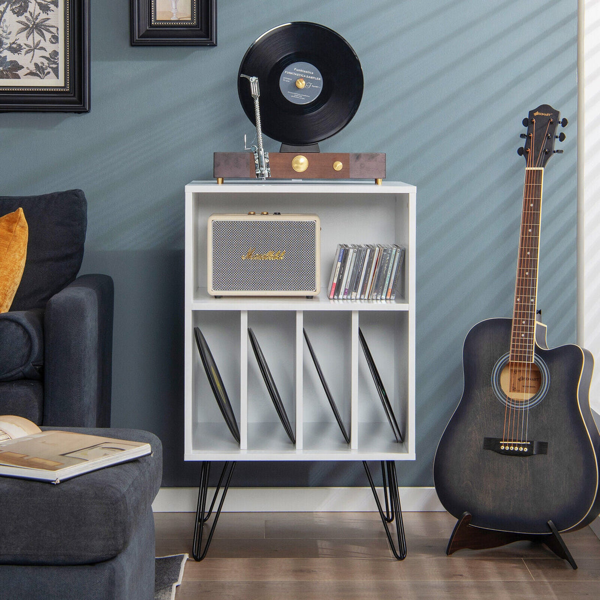 Mueble para tocadiscos independiente, armario para discos con patas de metal - blanco