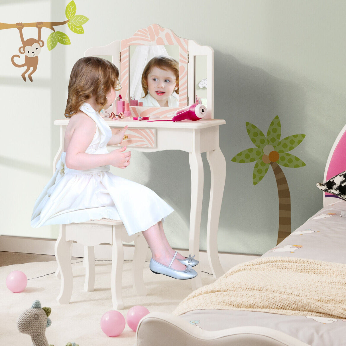 Tocador Infantil 2 en 1 con Espejo Triple Plegable - Rosa