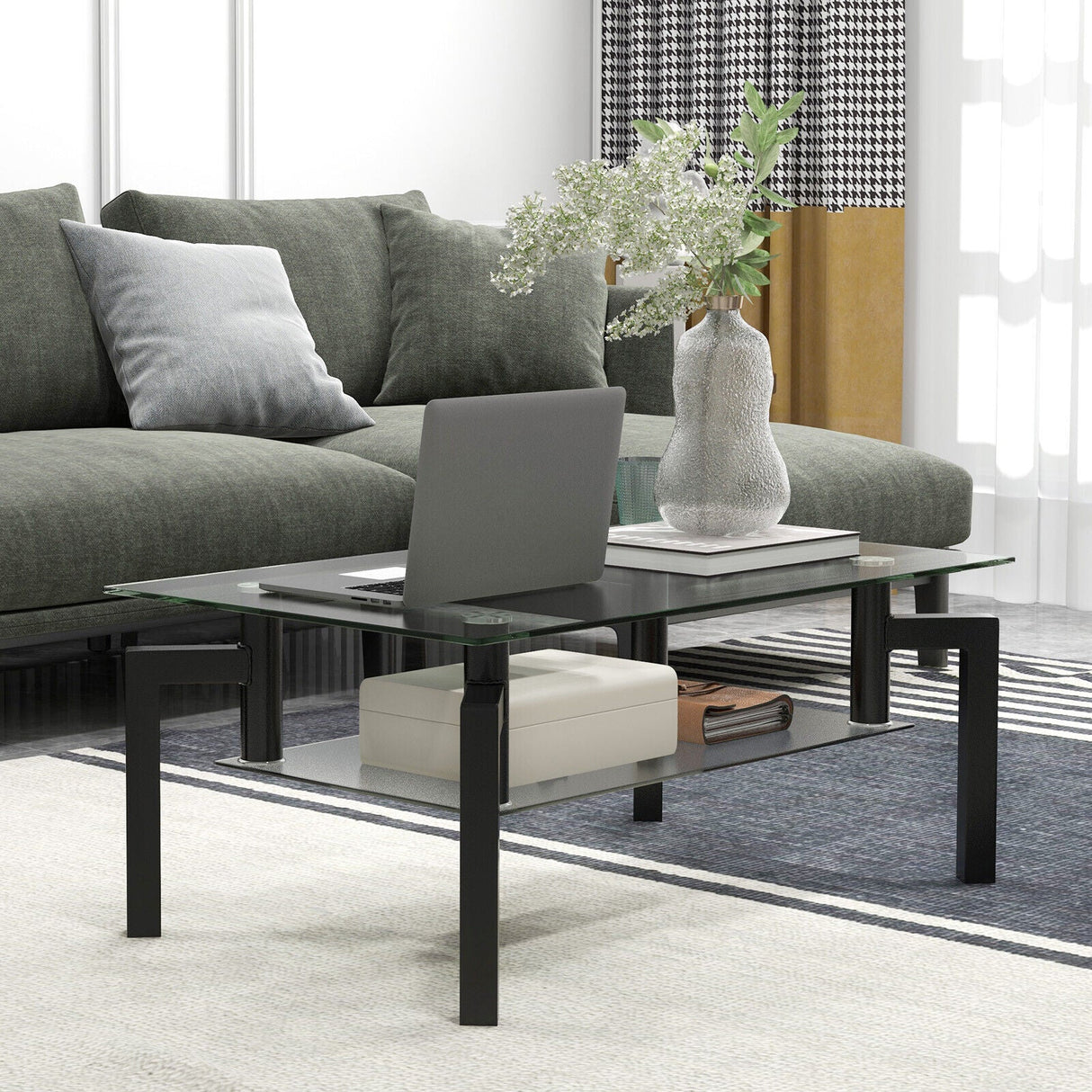 Mesa de centro rectangular de cristal de 2 niveles con patas de tubo de metal - Negro