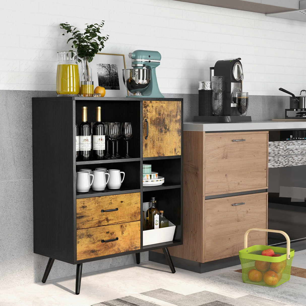 Aparador industrial tipo bufé, armario de cocina con cubículos y cajones, marrón rústico