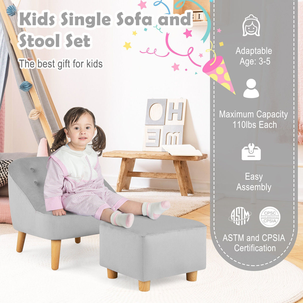 Sillón Sofá Infantil Tapizado en Terciopelo Suave con Otomana