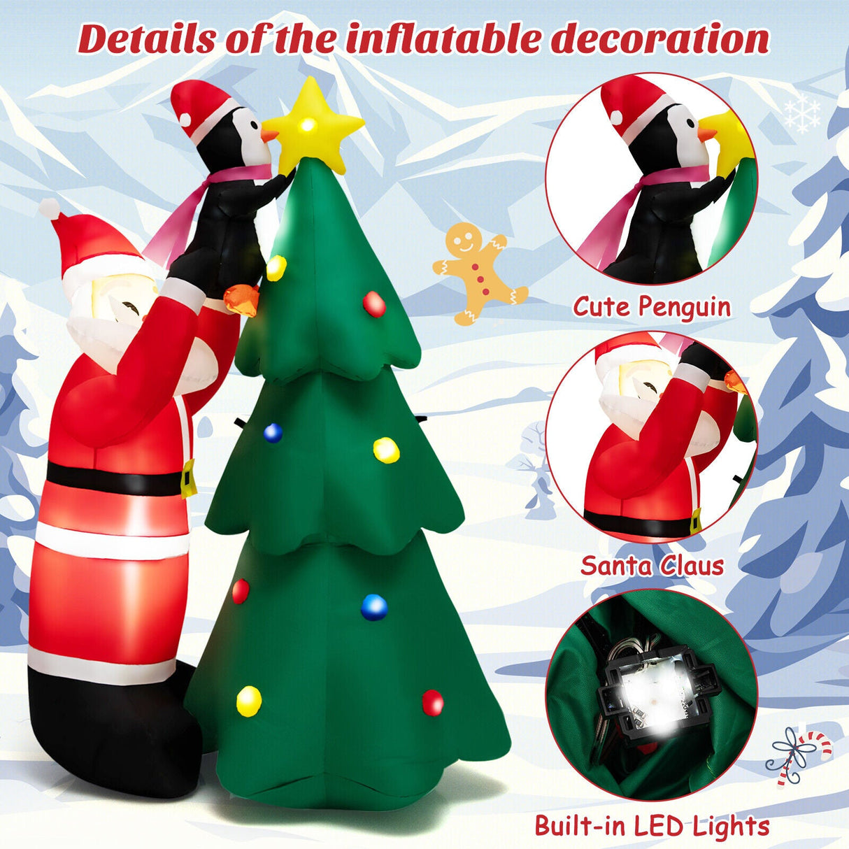 Árbol de Navidad y Papá Noel hinchables de 1,8 m con LED y soplador de aire