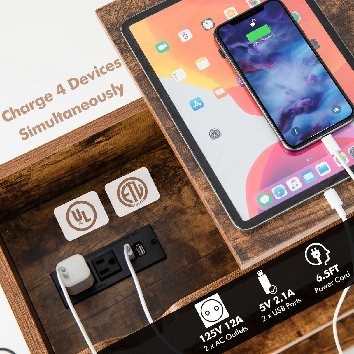 Mesa auxiliar elevable con estación de carga y ruedas universales - Marrón rústico