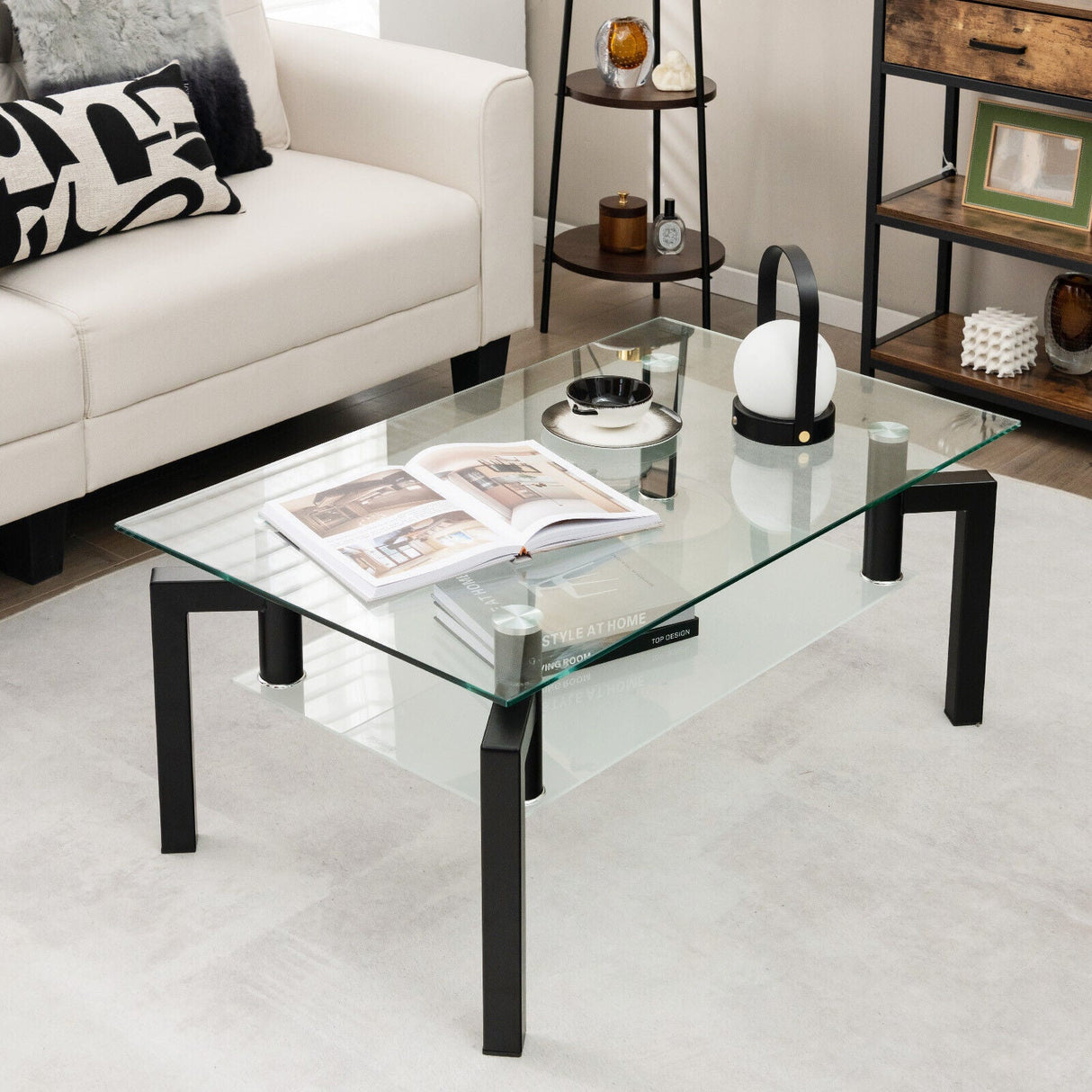 Mesa de centro rectangular de cristal de 2 niveles con patas de tubo de metal - Negro