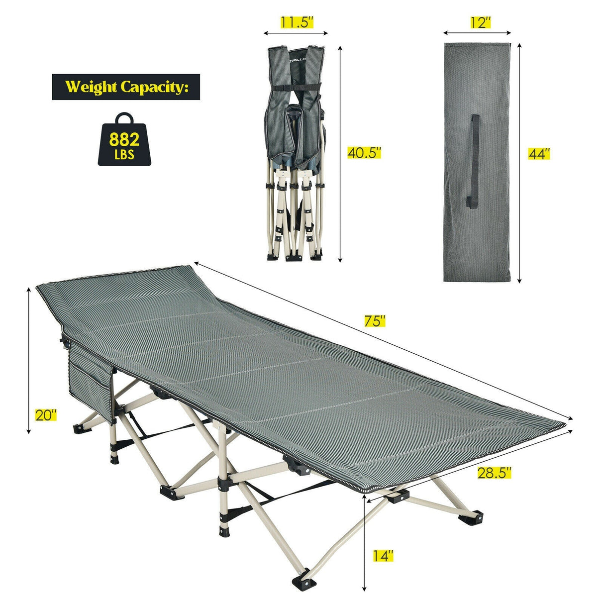 Catres de camping plegables anchos con bolsa de transporte