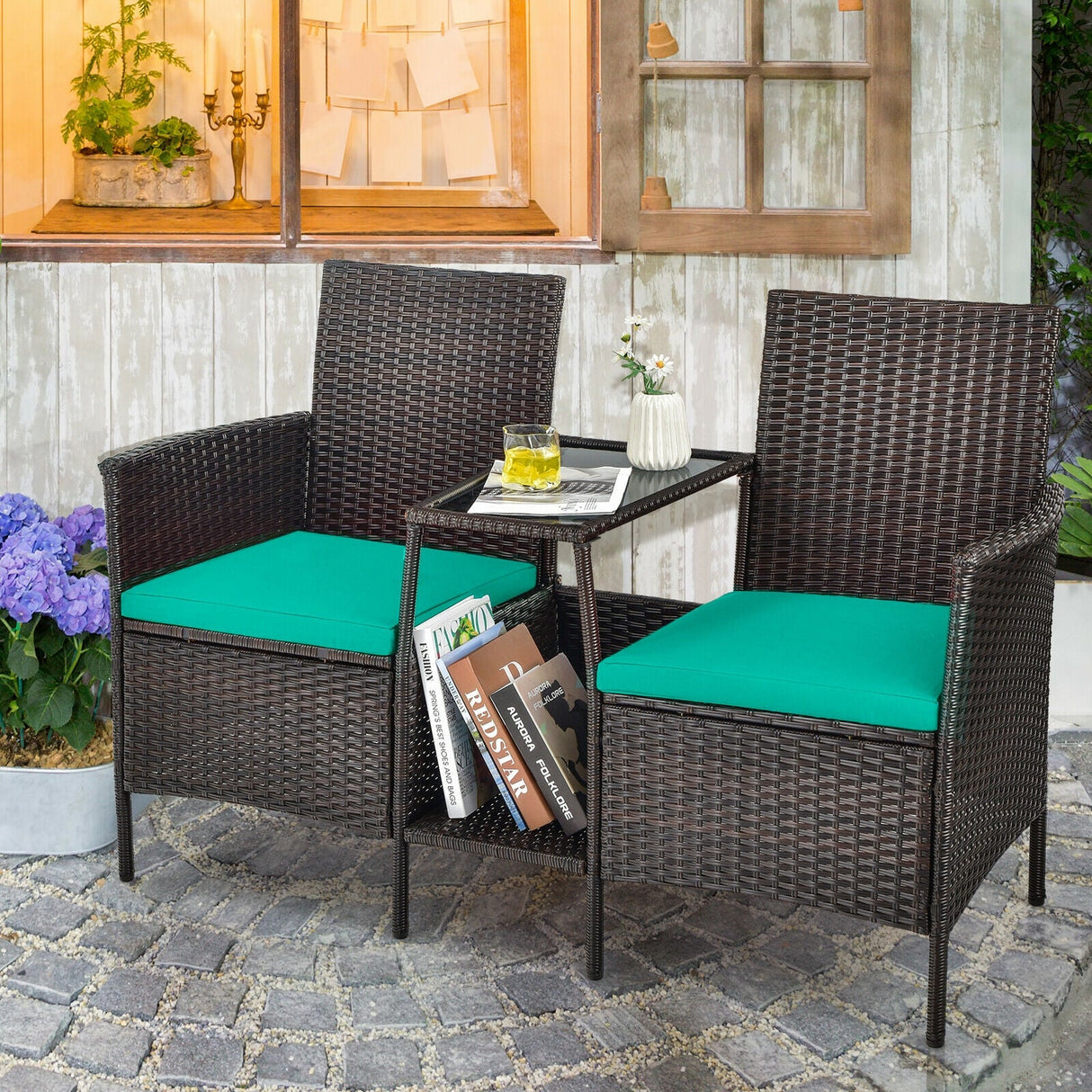 Sofá de mimbre de ratán para patio con cojines, sofá de dos plazas y mesa de vidrio
