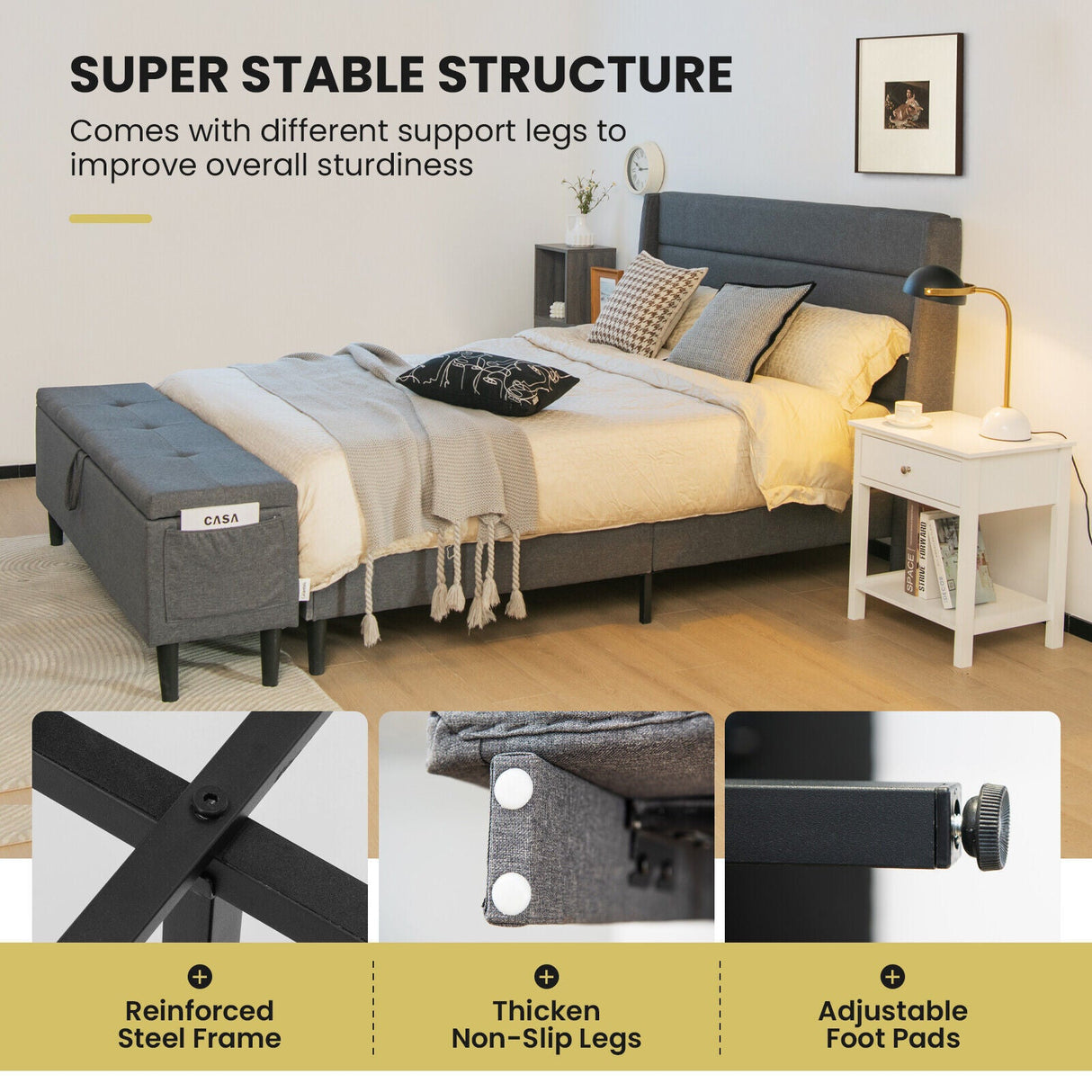 Full/Queen Size Upholstered Platform Bed Frame with Storage Ottoman