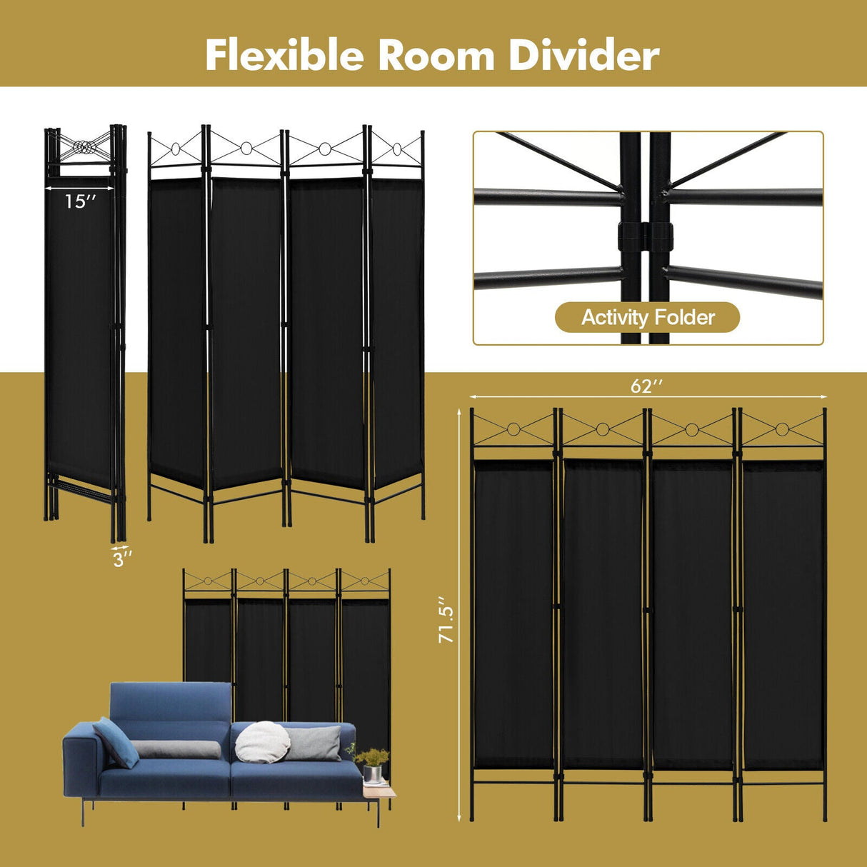 Divisor de habitación plegable independiente de 6 pies con 4 paneles