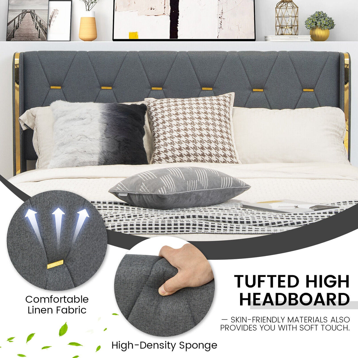 Base de cama tapizada tamaño matrimonial/queen con 4 cajones de almacenamiento