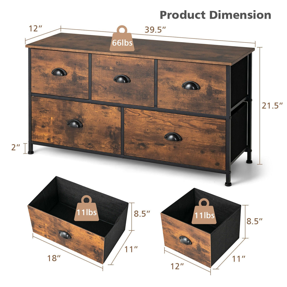 Organizador de Cómoda con 5 Cajones y Tapa de Madera-Marrón Rústico